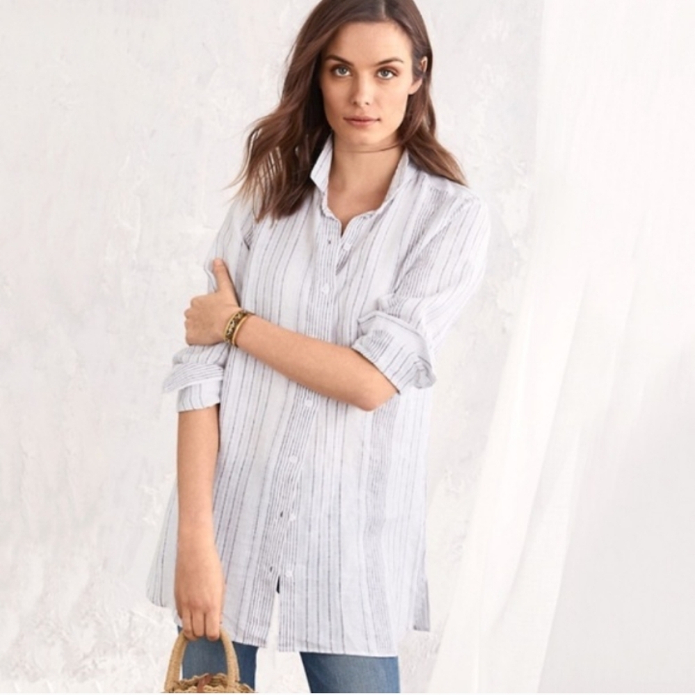 Garnet Hill Easy Linen Tunic Sriped Button-Up Down Shirt XL